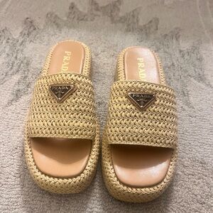 Prada Tan Woven Slide Sandals